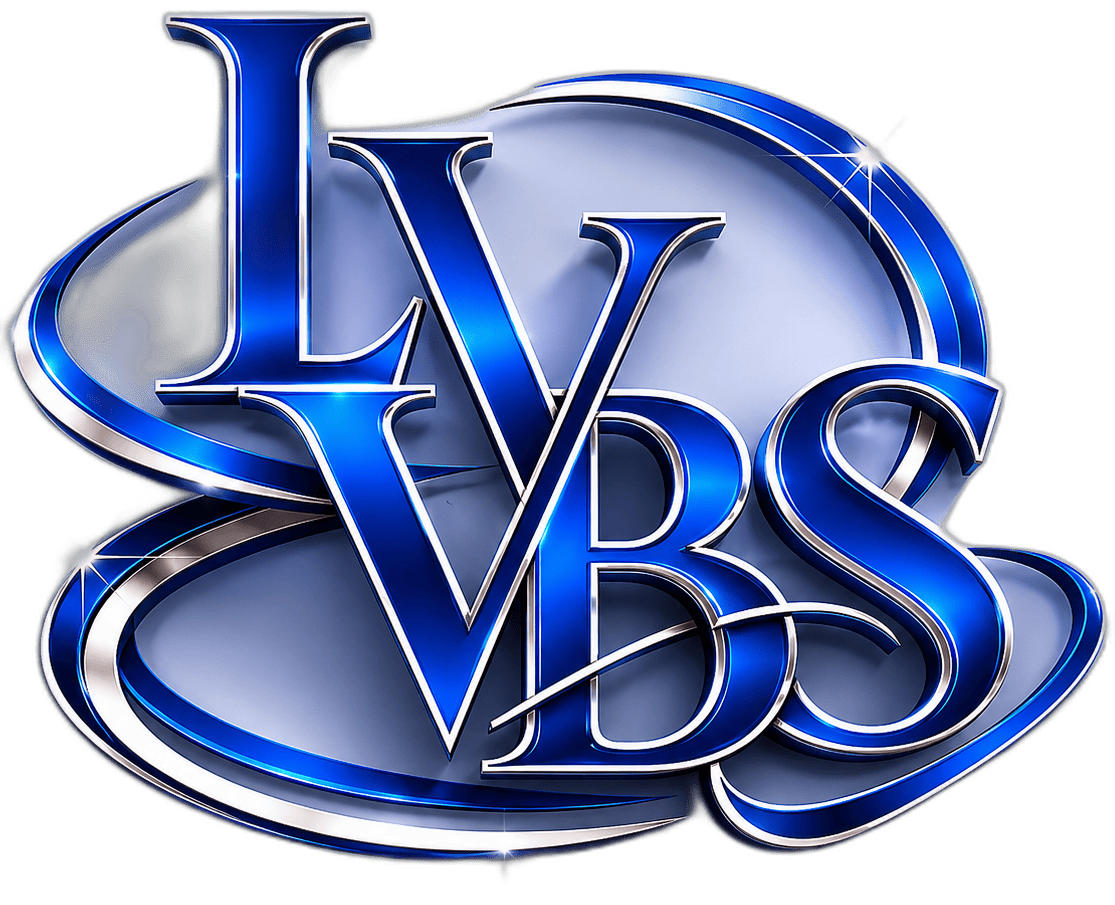 Shiny blue metallic letters “LV VBS” overlap on a glossy silver and blue abstract background with sparkles.